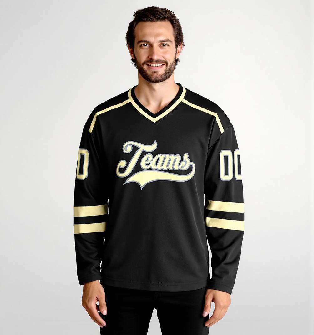 Custom Black & Cream/Grey Hockey Jersey
