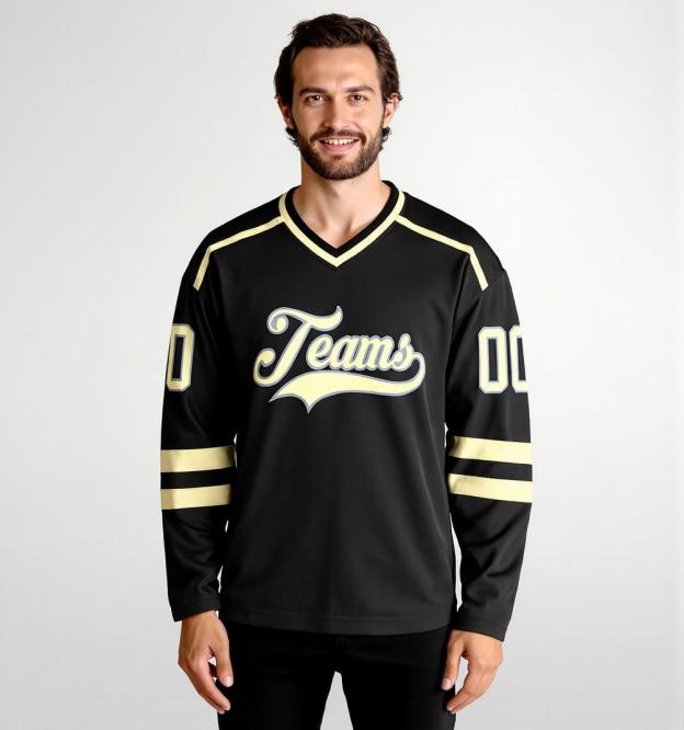 Custom Black & Cream/Grey Hockey Jersey