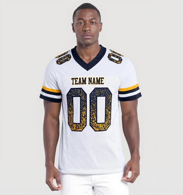 Custom White & Navy/Gold Drift Fashion Football Jersey