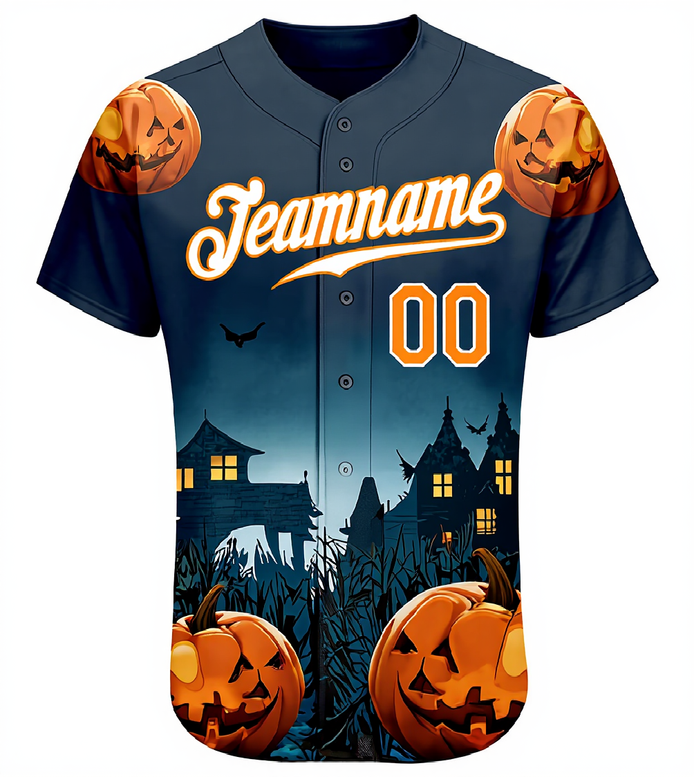 Custom Navy & White/Orange 3D Pattern Halloween Pumpkins Bats Baseball Jersey