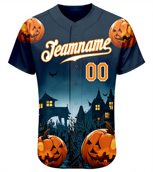 Custom Navy & White/Orange 3D Pattern Halloween Pumpkins Bats Baseball Jersey