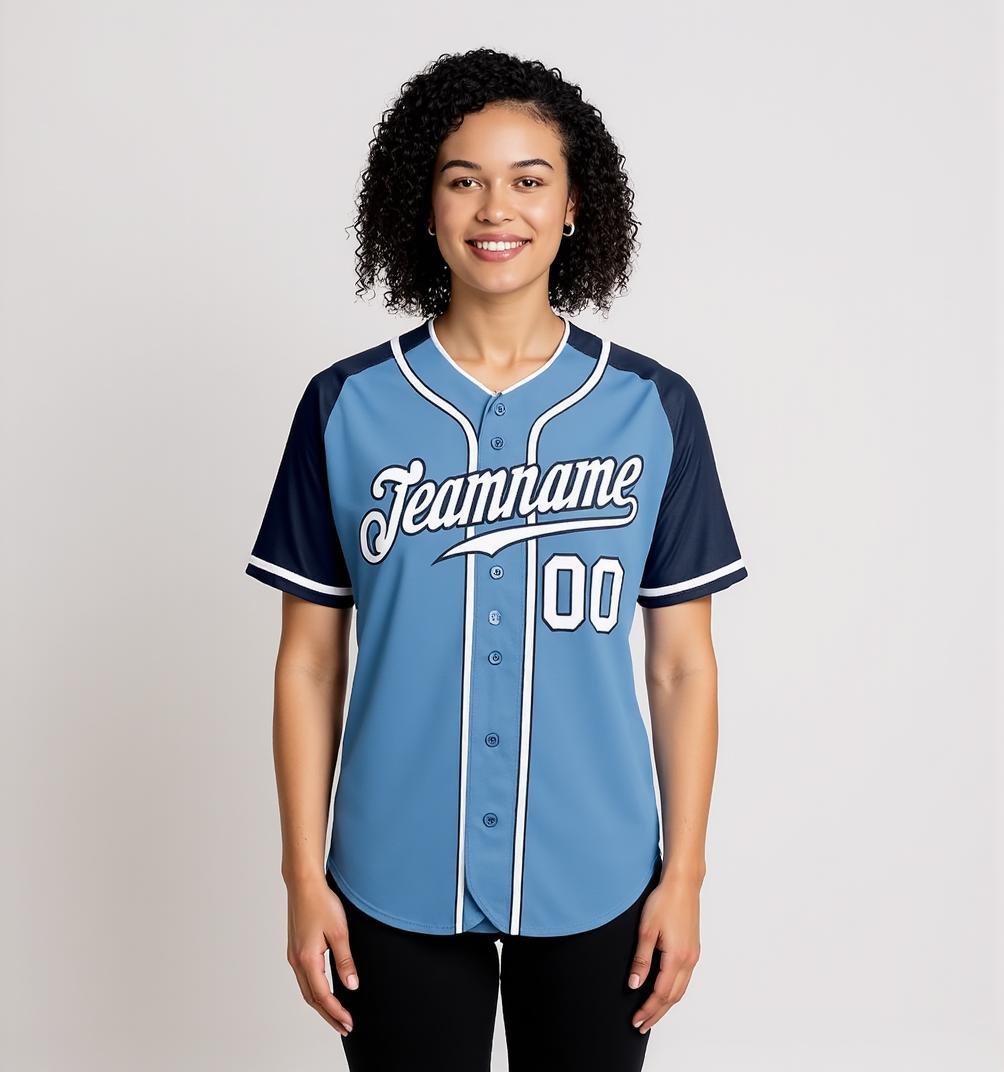 Custom Blue & White/Navy Raglan Sleeves Baseball Jersey