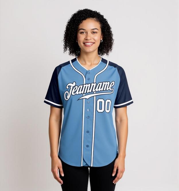 Custom Blue & White/Navy Raglan Sleeves Baseball Jersey