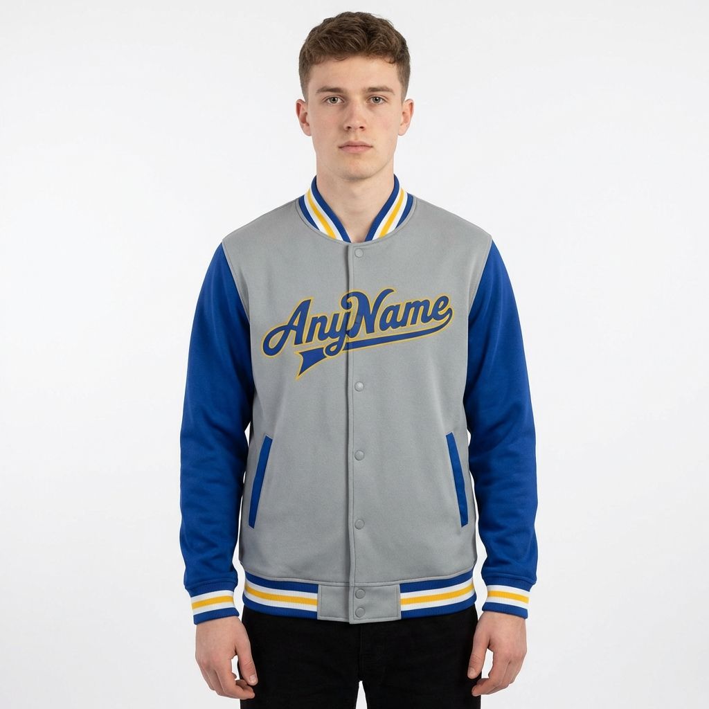 Custom Grey & Yellow/Royal Raglan Sleeves Full-Snap Fleece Jacket