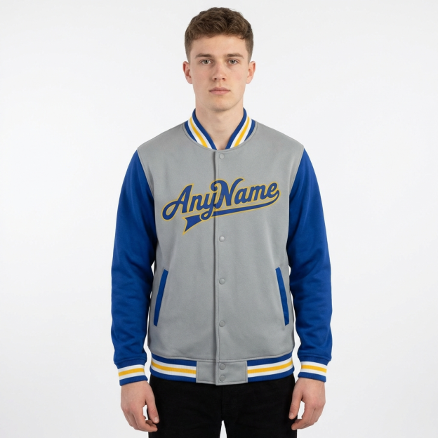 Custom Grey & Yellow/Royal Raglan Sleeves Full-Snap Fleece Jacket