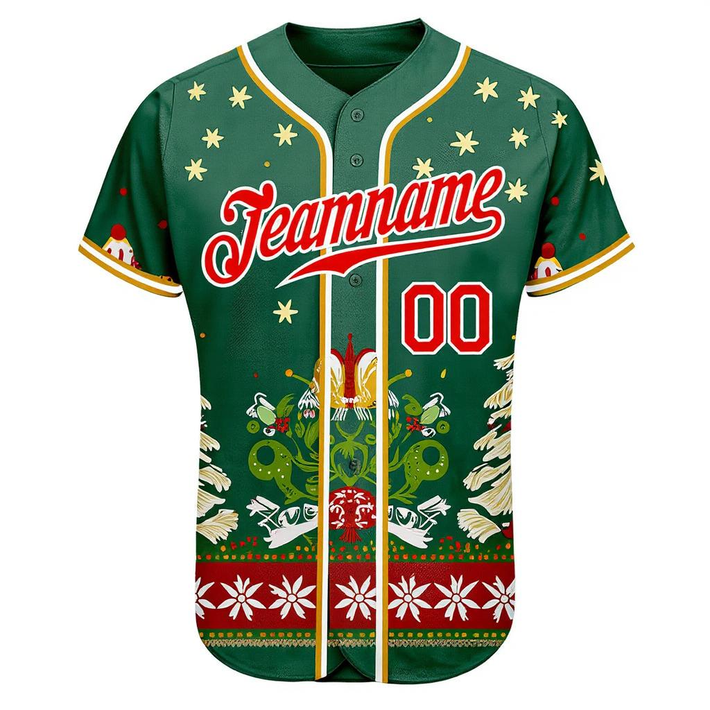 Custom Green & Red/White Christmas 3D Pattern Baseball Jersey