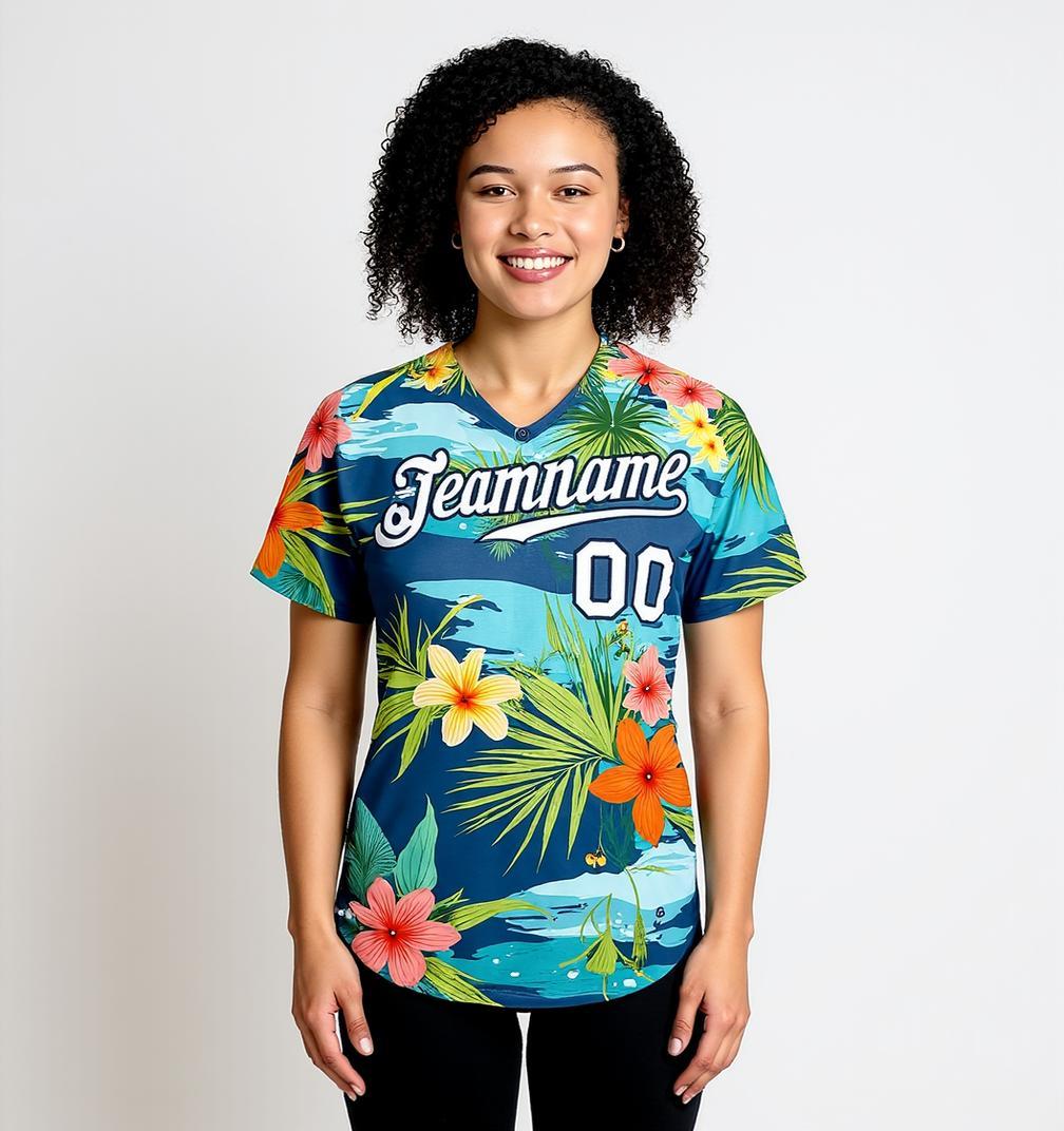 Custom Teal & White Hawaii Palm Leaves And Flowers 3D Pattern Baseball Jersey