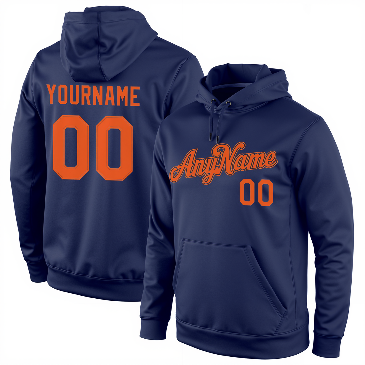 Custom Navy Blue & Orange Pullover Sports Sweatshirt Hoodie