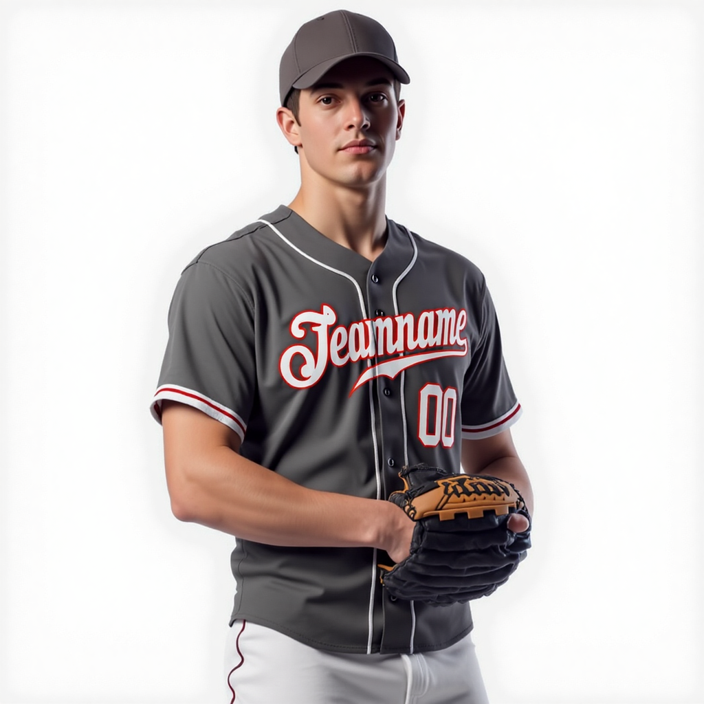Custom Grey & White/Red Baseball Jersey