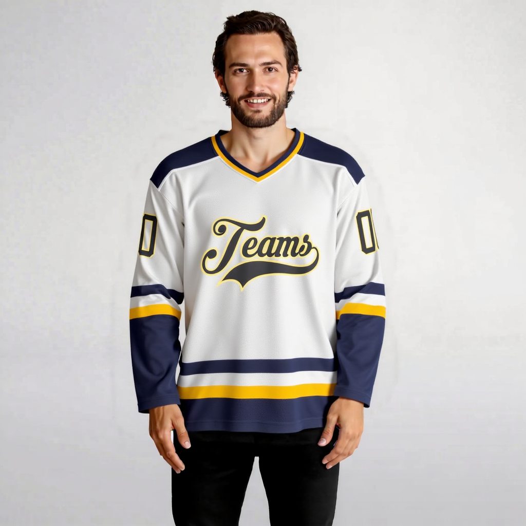 Custom White & Orange/Navy Hockey Jersey