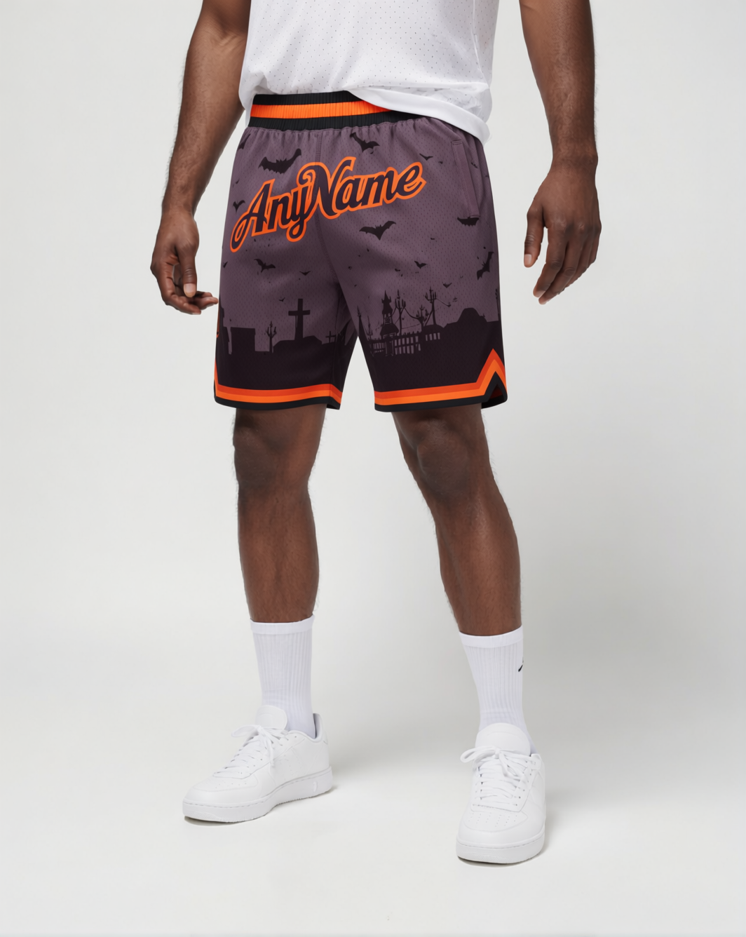 Custom Grey & Black/Orange Halloween 3D Pattern Throwback Shorts
