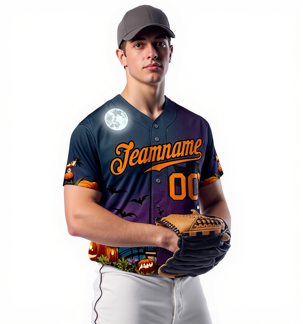 Custom Navy & Orange/Black 3D Pattern Halloween Pumpkins Bats Baseball Jersey