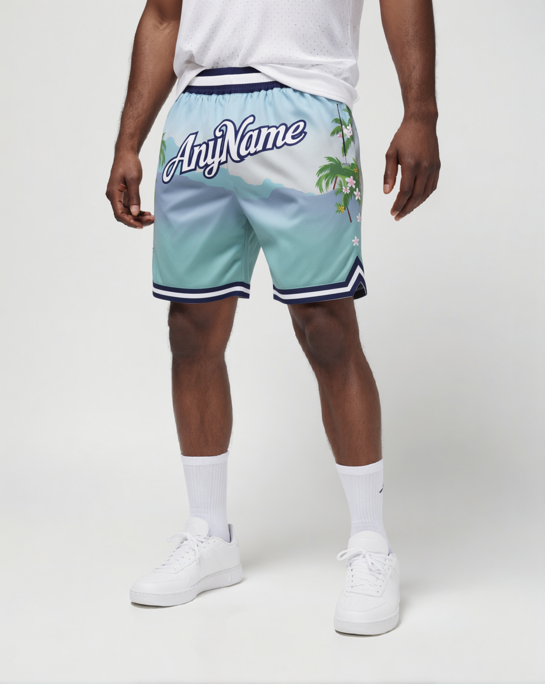 Custom 3D Pattern Lake Blue & White/Black Hawaii Throwback Shorts