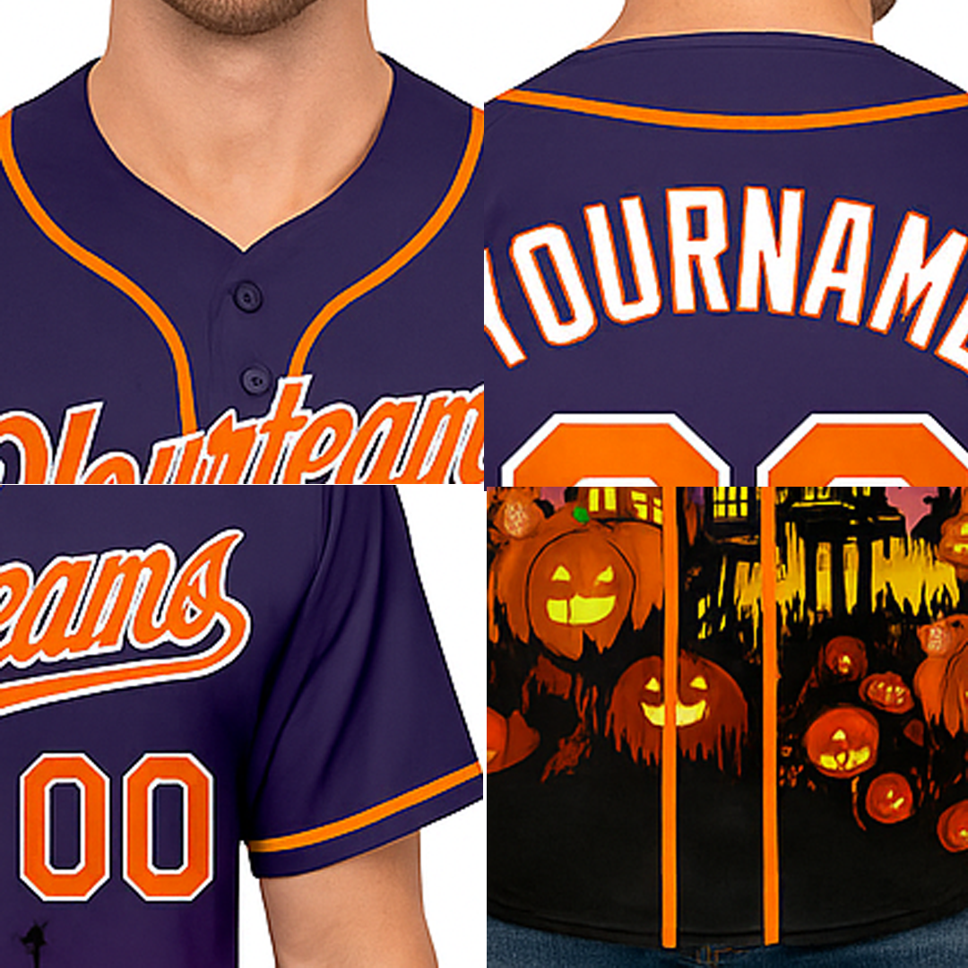 Custom Purple&Orange/White 3D Pattern Halloween Pumpkins Bats Baseball Jersey