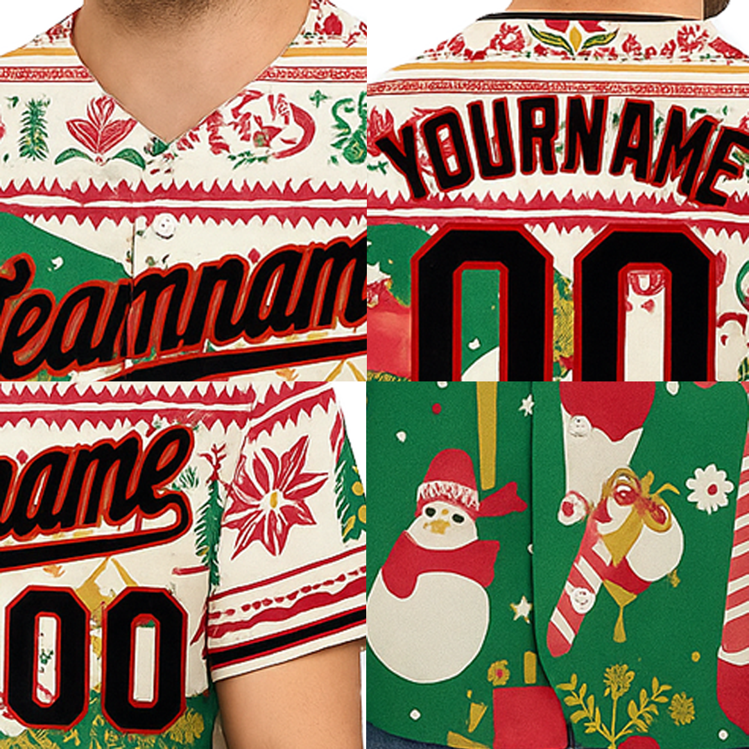 Custom Green & Black/White Christmas 3D Pattern Baseball Jersey