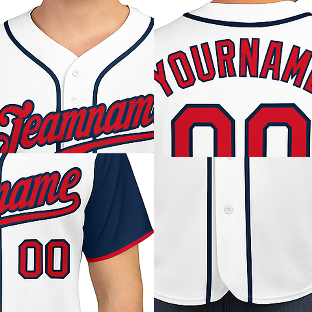 Custom White & Red/Navy Raglan Sleeves Baseball Jersey