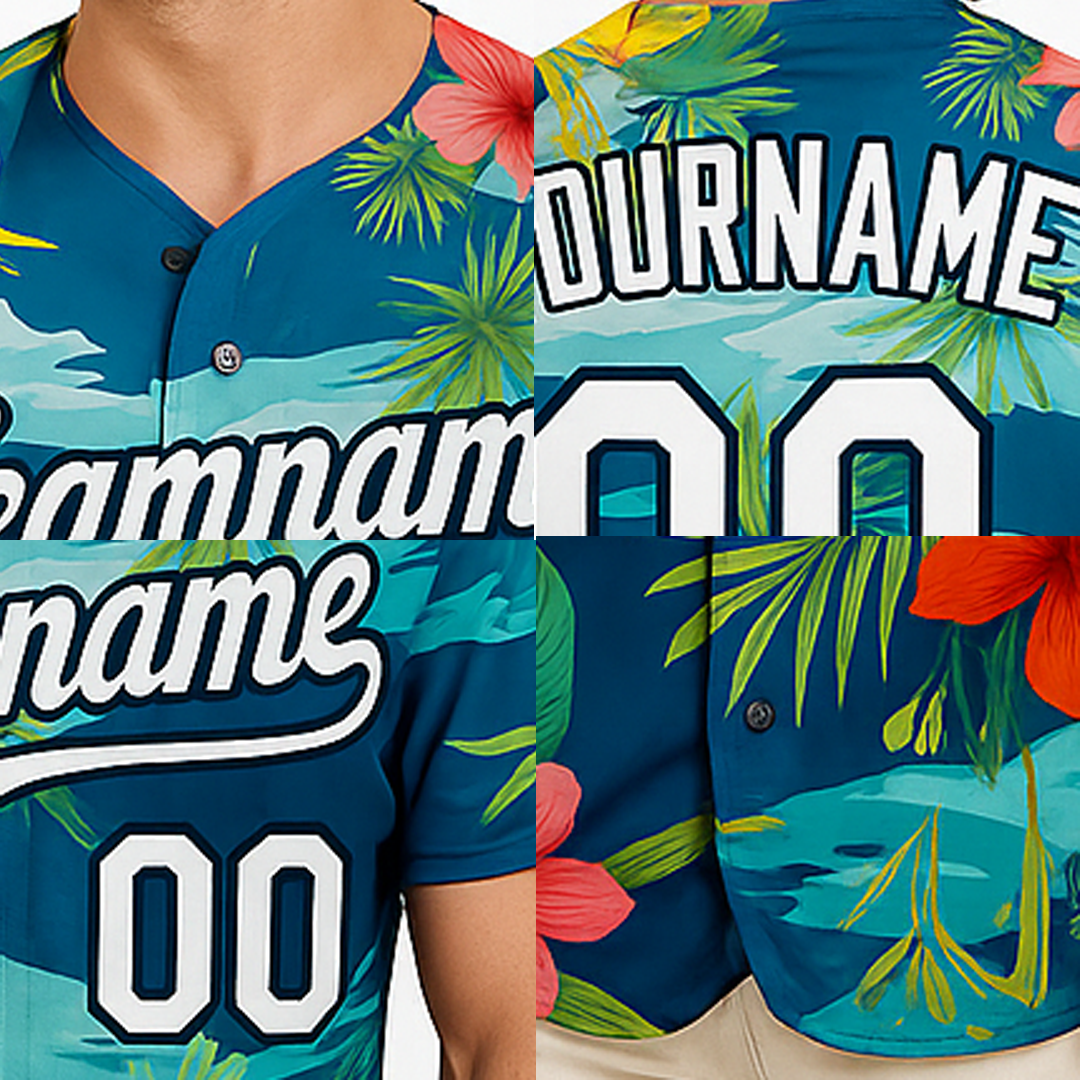 Custom Teal & White Hawaii Palm Leaves And Flowers 3D Pattern Baseball Jersey