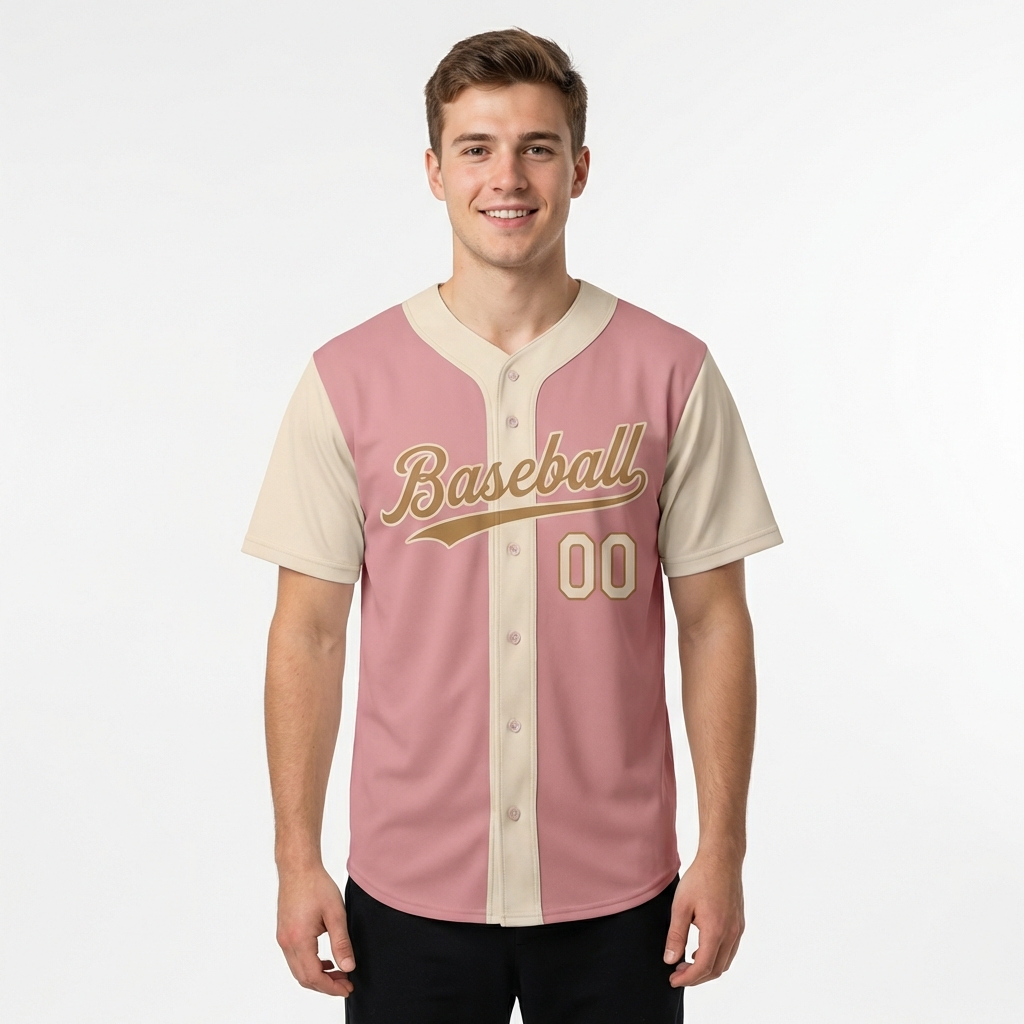 Custom Pink & Cream/Gold Raglan Sleeves Baseball Jersey