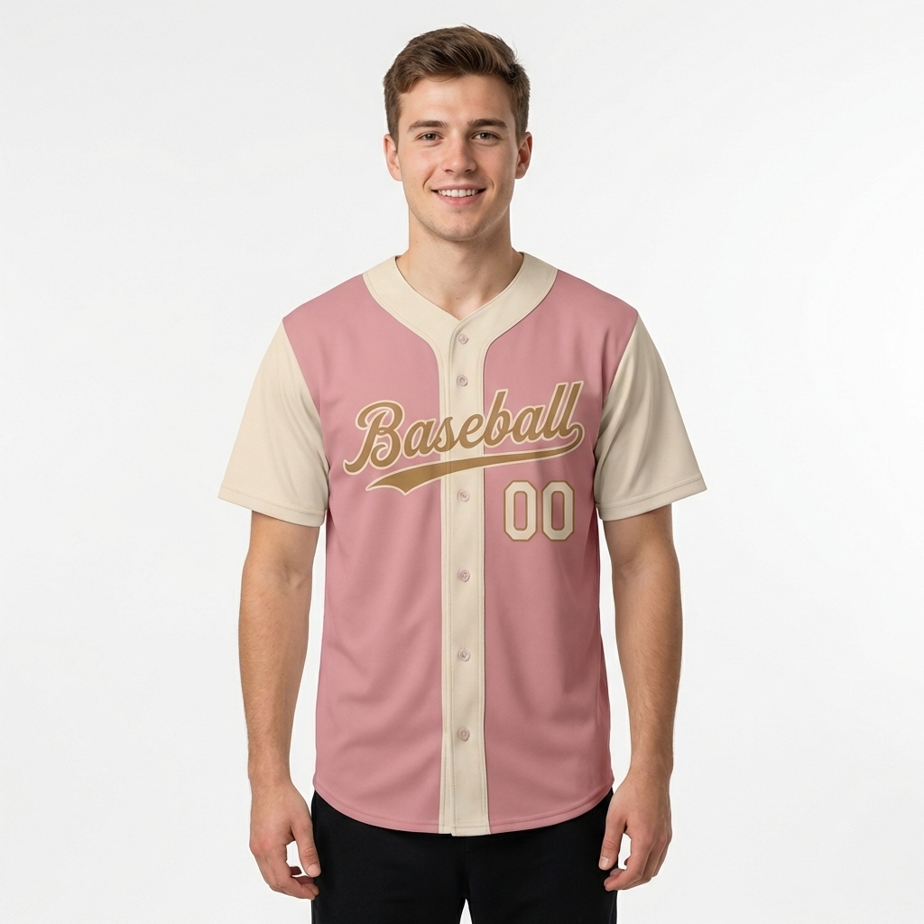 Custom Pink & Cream/Gold Raglan Sleeves Baseball Jersey