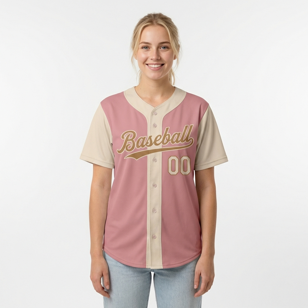 Custom Pink & Cream/Gold Raglan Sleeves Baseball Jersey