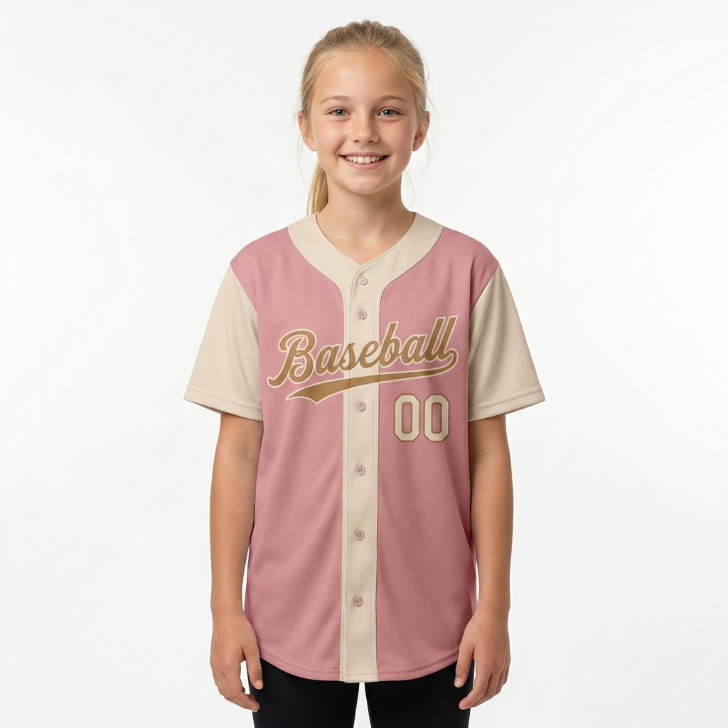 Custom Pink & Cream/Gold Raglan Sleeves Baseball Jersey