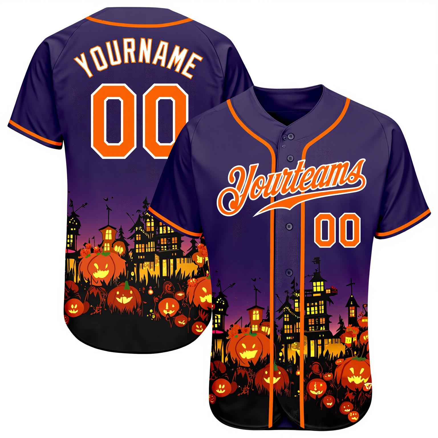 Custom Purple&Orange/White 3D Pattern Halloween Pumpkins Bats Baseball Jersey
