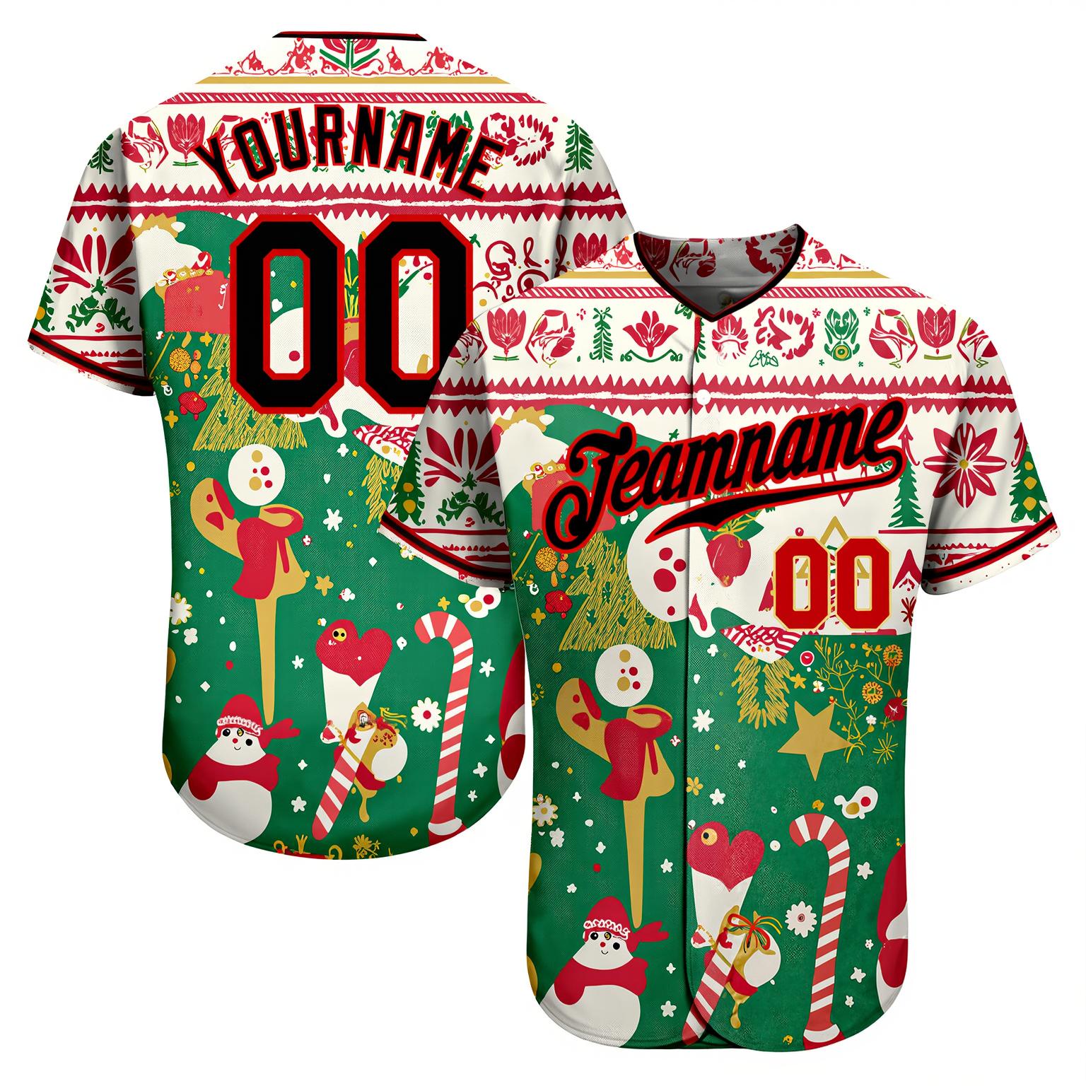 Custom Green & Black/White Christmas 3D Pattern Baseball Jersey