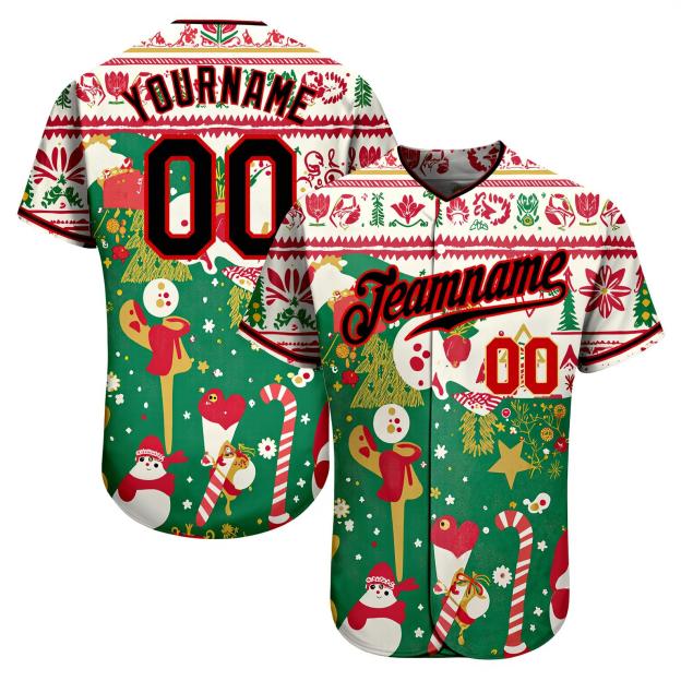 Custom Green & Black/White Christmas 3D Pattern Baseball Jersey