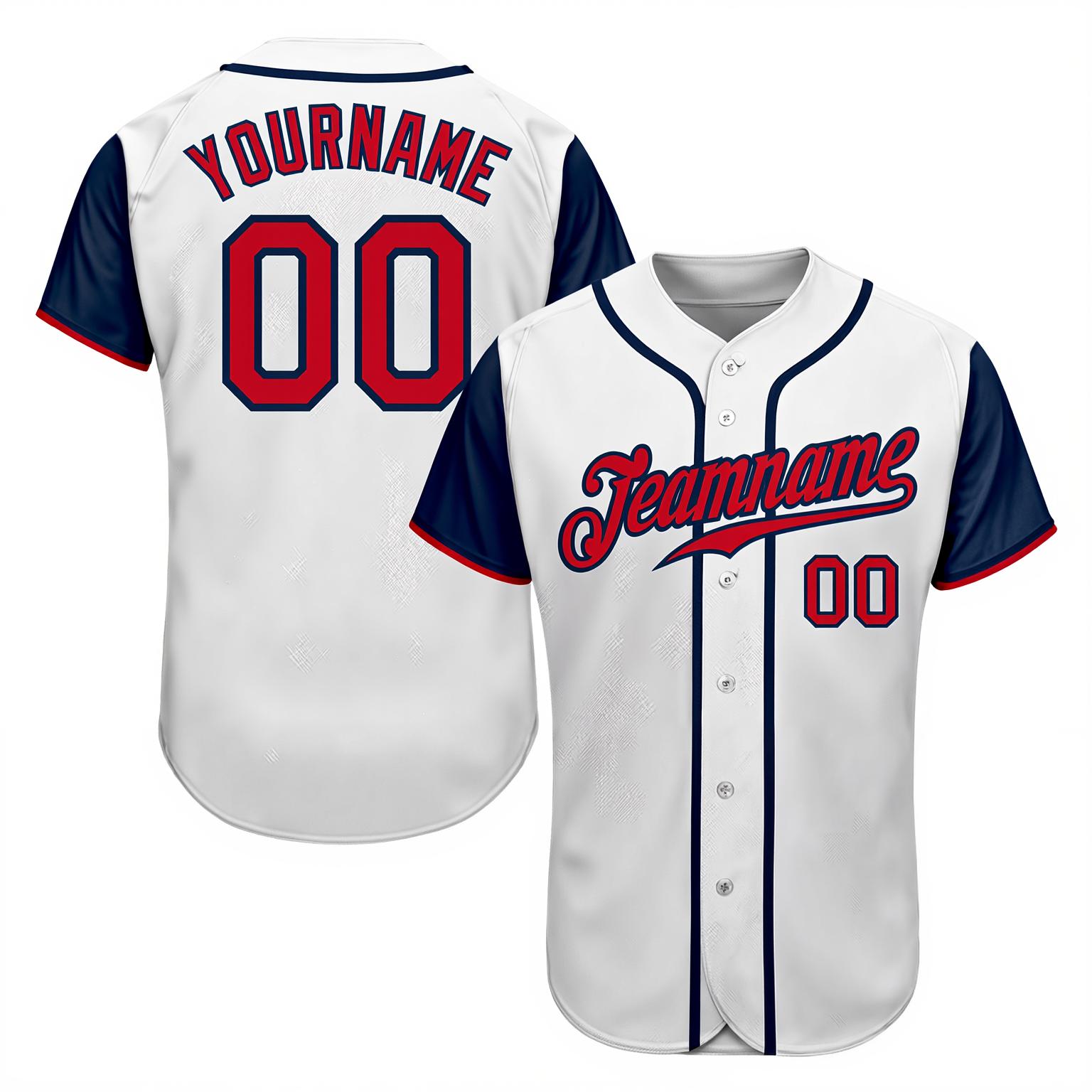 Custom White & Red/Navy Raglan Sleeves Baseball Jersey