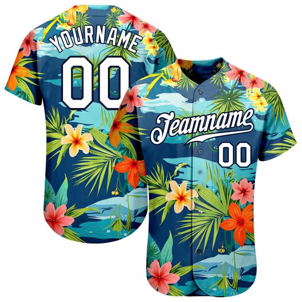 Custom Teal & White Hawaii Palm Leaves And Flowers 3D Pattern Baseball Jersey