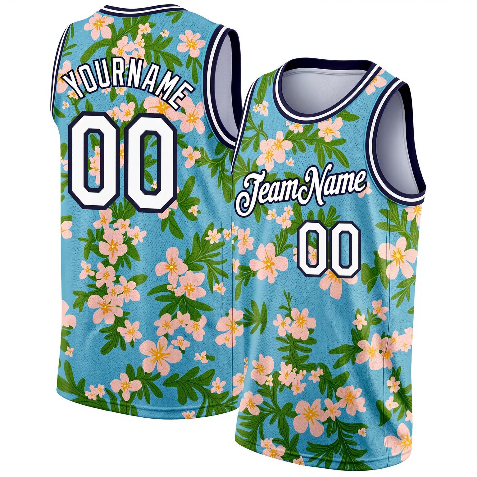 Custom 3D Pattern Aqua & White/Navy Hawaii Flowers Basketball City Edition Jersey