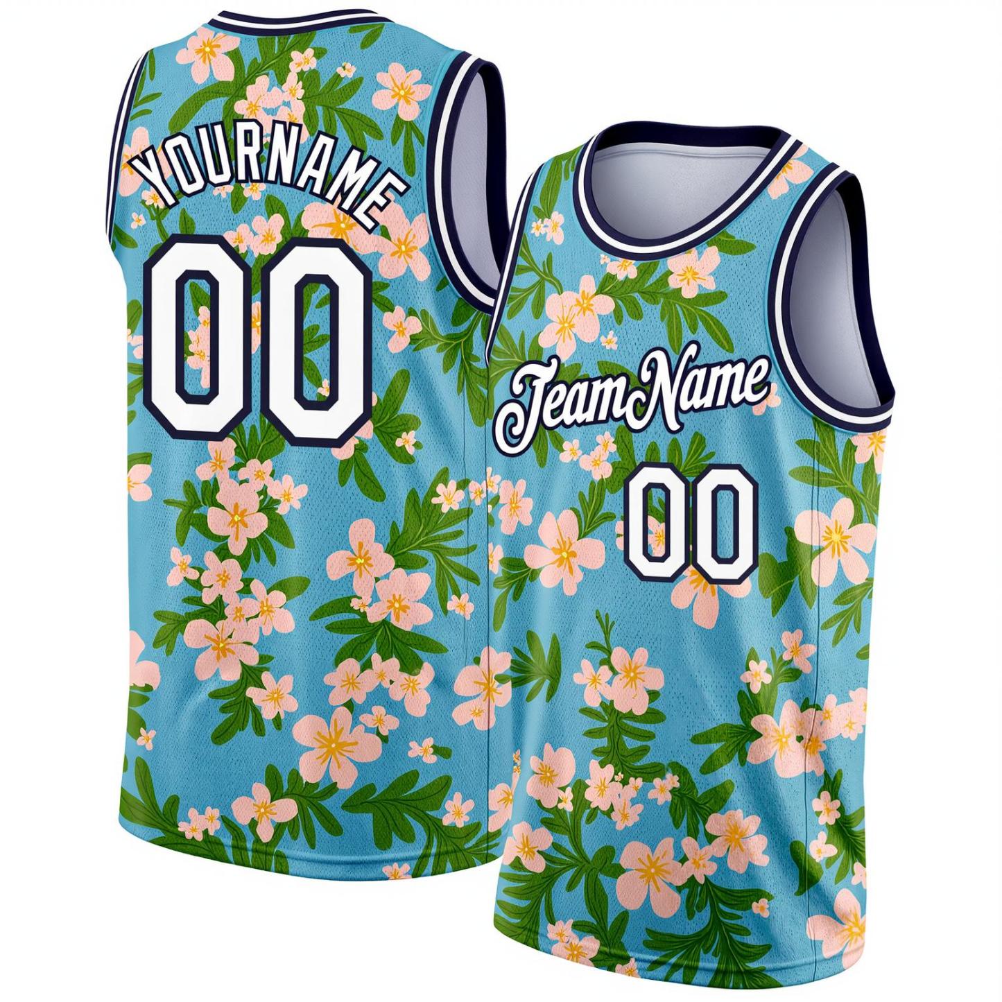 Custom 3D Pattern Aqua & White/Navy Hawaii Flowers Basketball City Edition Jersey