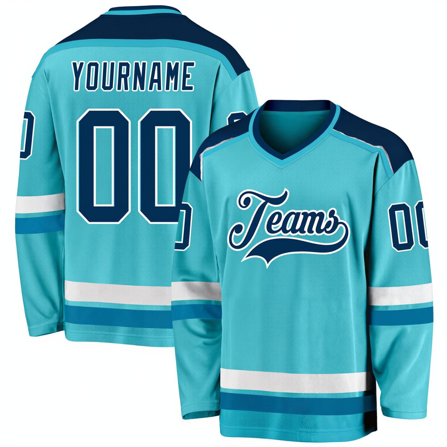 Custom Aqua & Navy/White Hockey Jersey