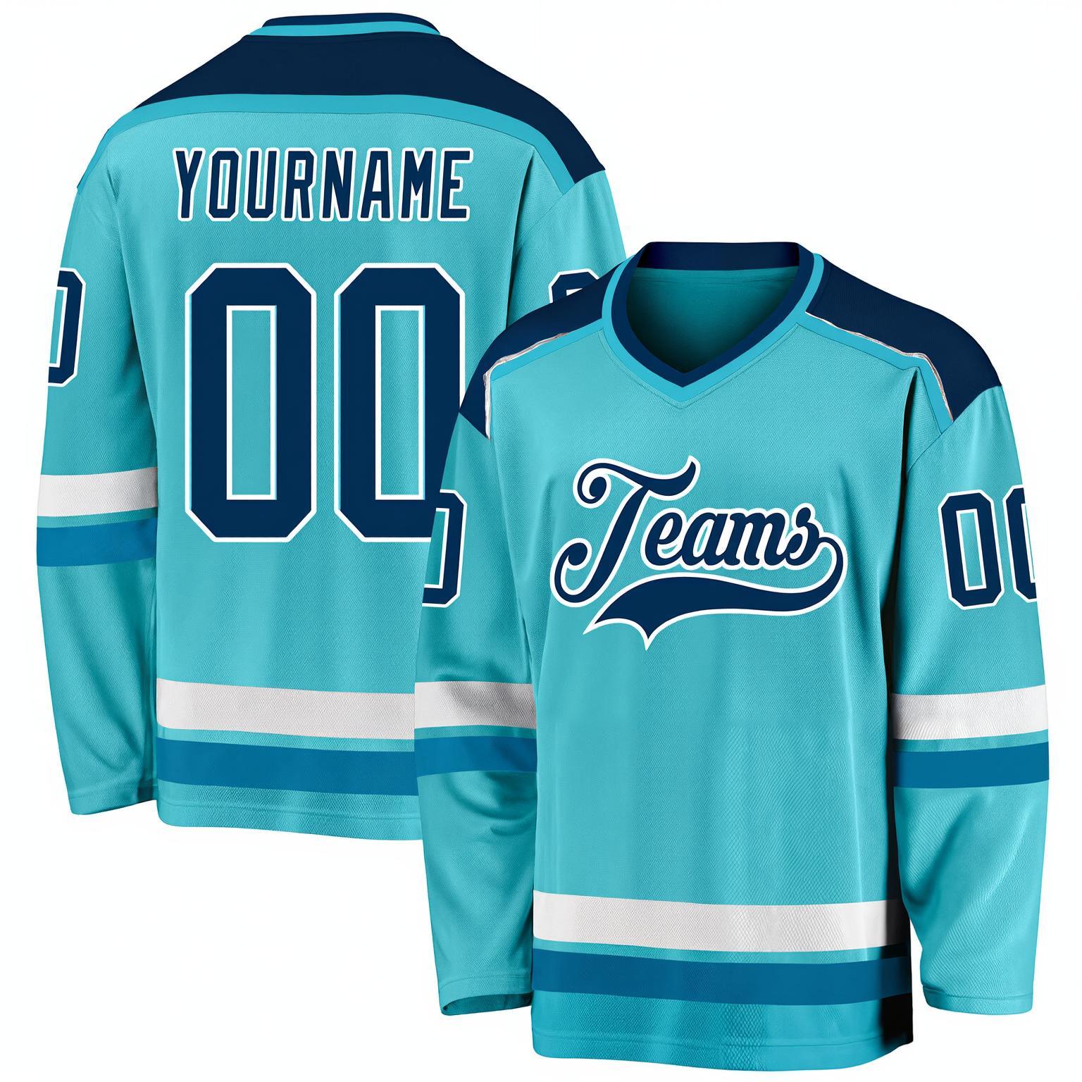Custom Aqua & Navy/White Hockey Jersey
