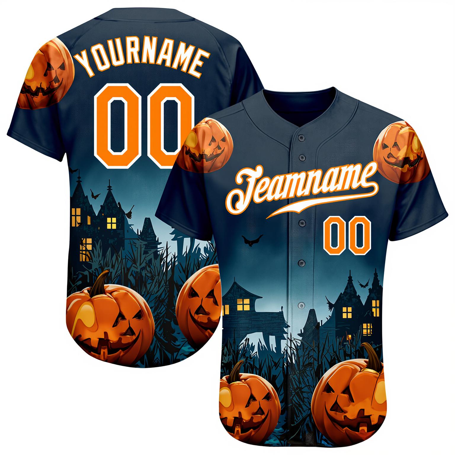 Custom Navy & White/Orange 3D Pattern Halloween Pumpkins Bats Baseball Jersey