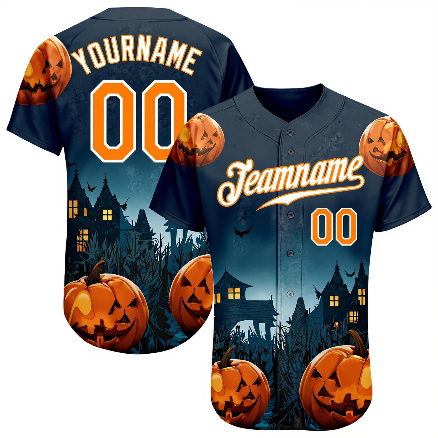 Custom Navy & White/Orange 3D Pattern Halloween Pumpkins Bats Baseball Jersey