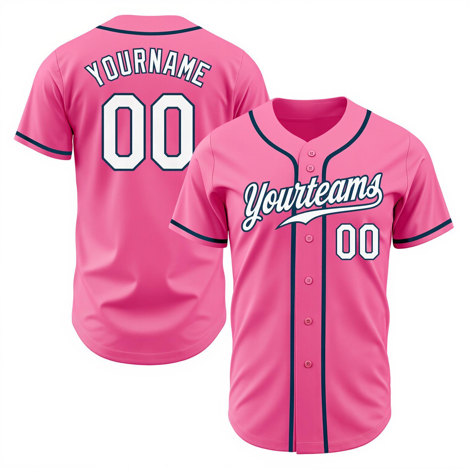 Custom Pink & White/Navy Baseball Jersey