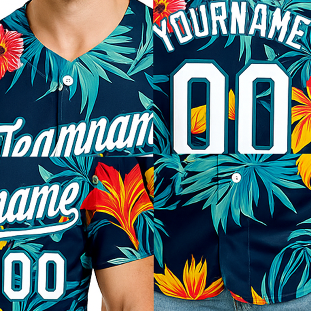 Custom Teal & White/Navy Hawaii Palm Leaves And Flowers 3D Pattern Baseball Jersey