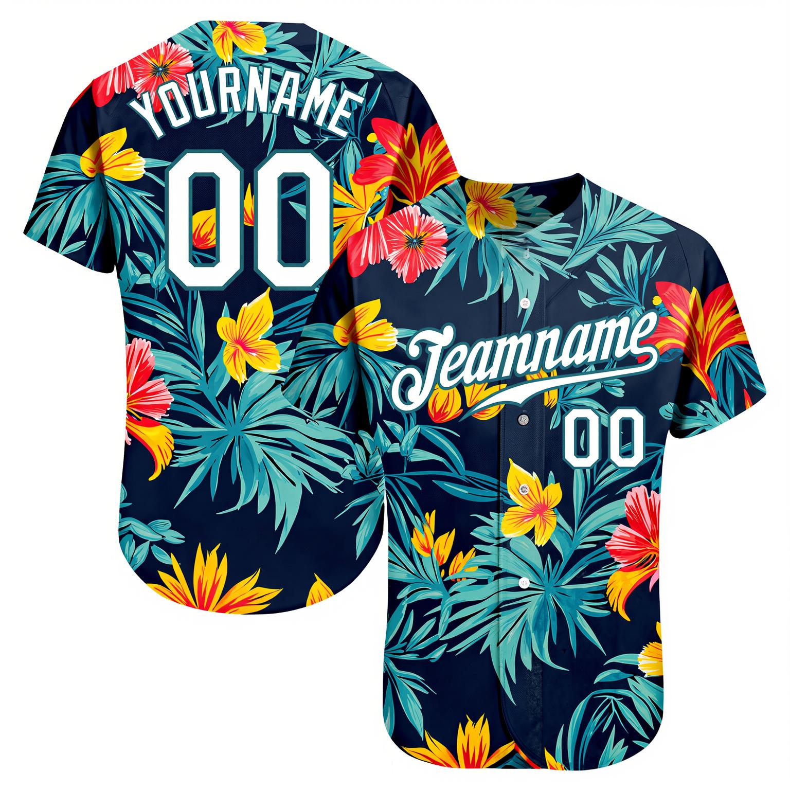 Custom Teal & White/Navy Hawaii Palm Leaves And Flowers 3D Pattern Baseball Jersey