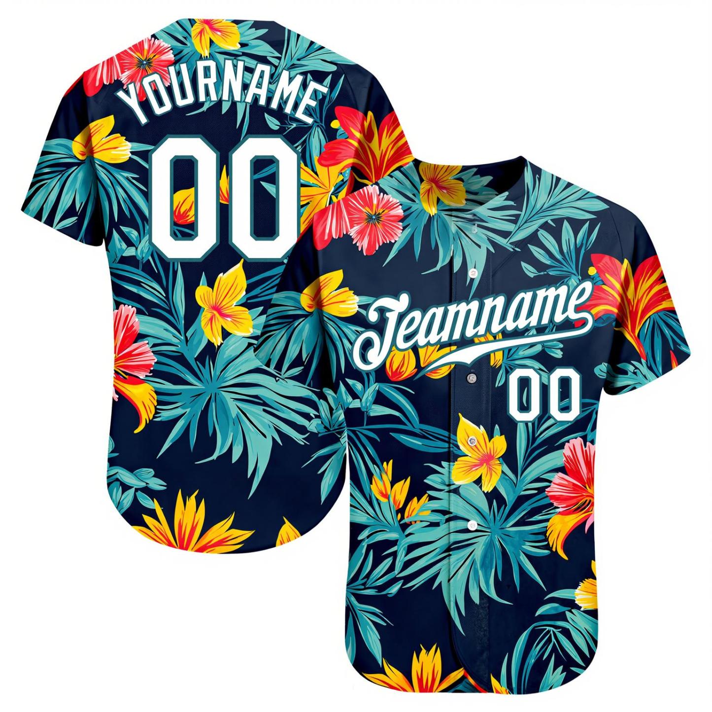 Custom Teal & White/Navy Hawaii Palm Leaves And Flowers 3D Pattern Baseball Jersey