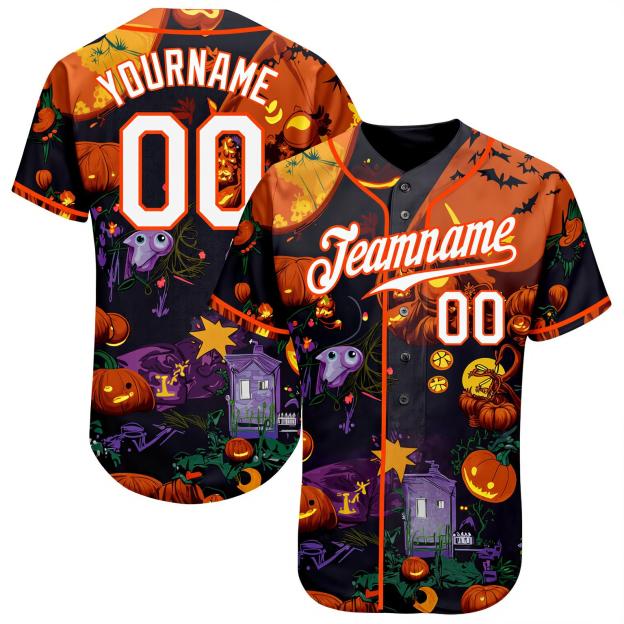 Custom Black & White/Orange 3D Pattern Halloween Pumpkins Bats Baseball Jersey