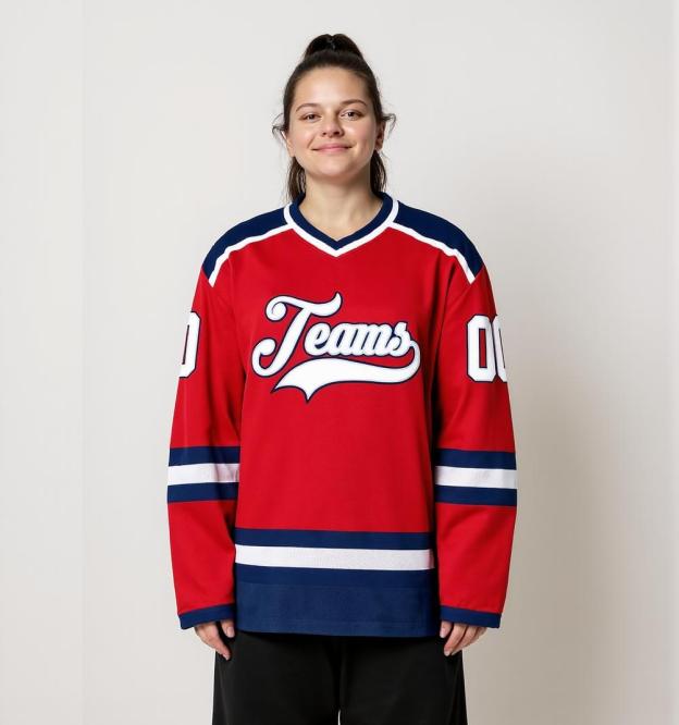 Custom Red & White/Navy Hockey Jersey