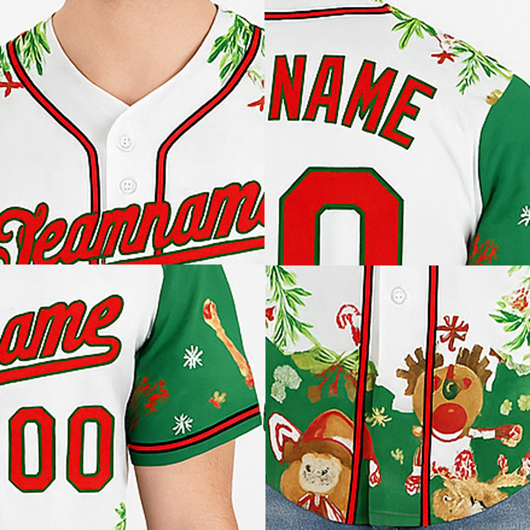 Custom White & Red/Green Christmas 3D Pattern Baseball Jersey