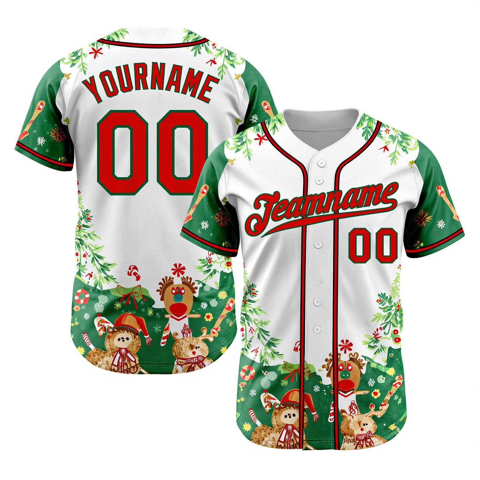 Custom White & Red/Green Christmas 3D Pattern Baseball Jersey
