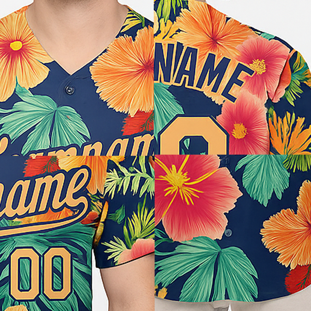 Custom Teal & White/Navy Hawaii Palm Leaves And Flowers 3D Pattern Baseball Jersey