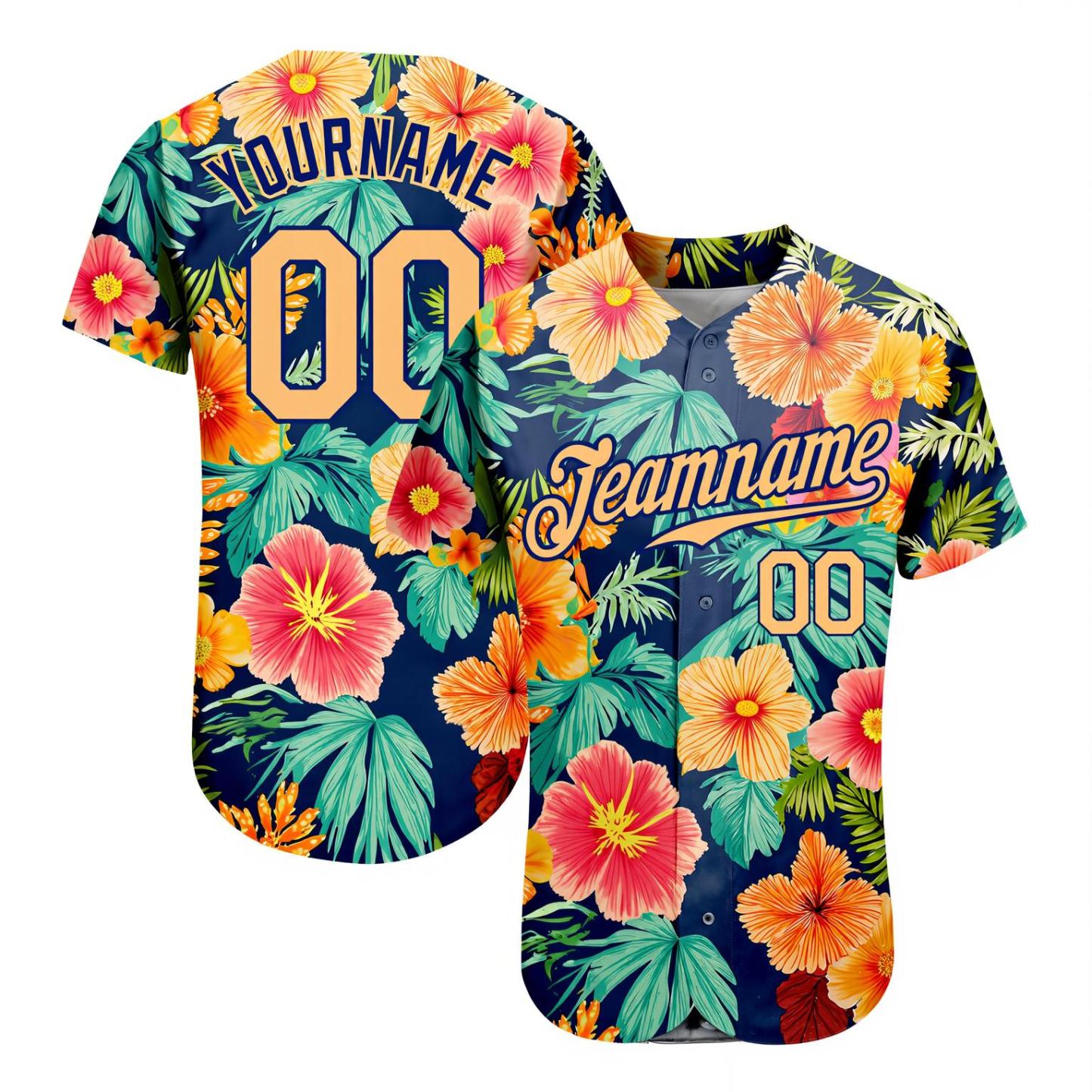 Custom Teal & White/Navy Hawaii Palm Leaves And Flowers 3D Pattern Baseball Jersey