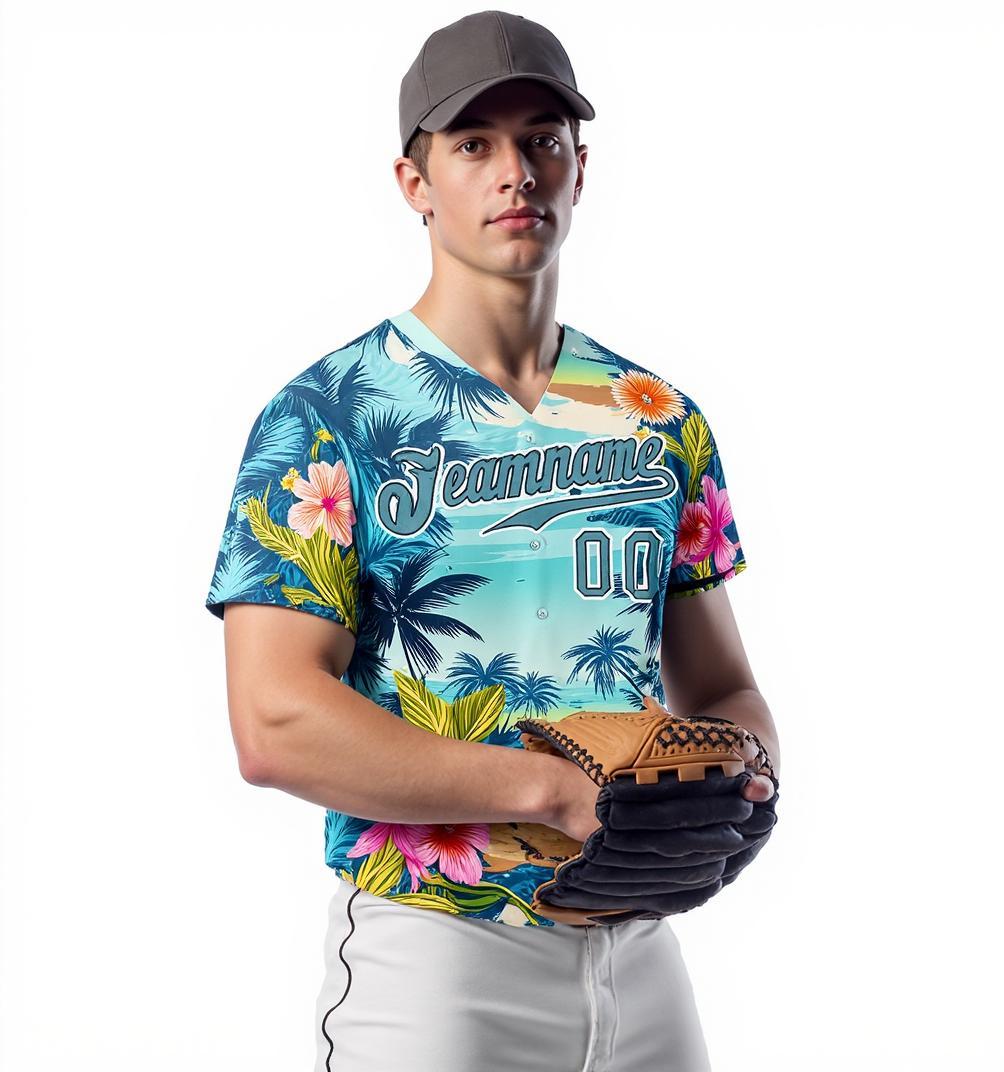 Custom Teal & White Hawaii Palm Leaves And Flowers 3D Pattern Baseball Jersey