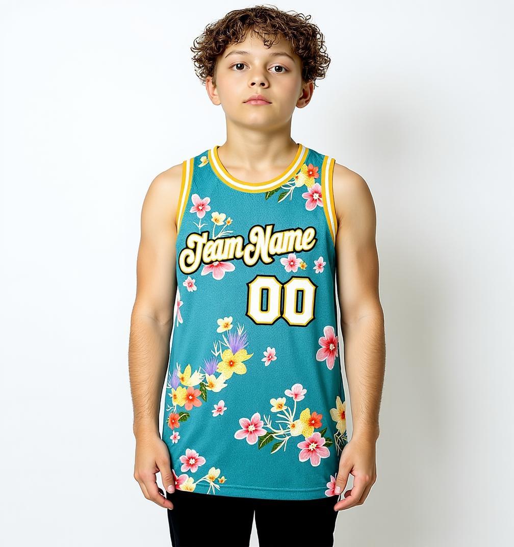 Custom 3D Pattern Aqua & White/Black Hawaii Flowers Basketball City Edition Jersey