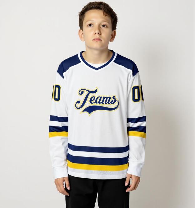 Custom White & Navy/Yellow Hockey Jersey