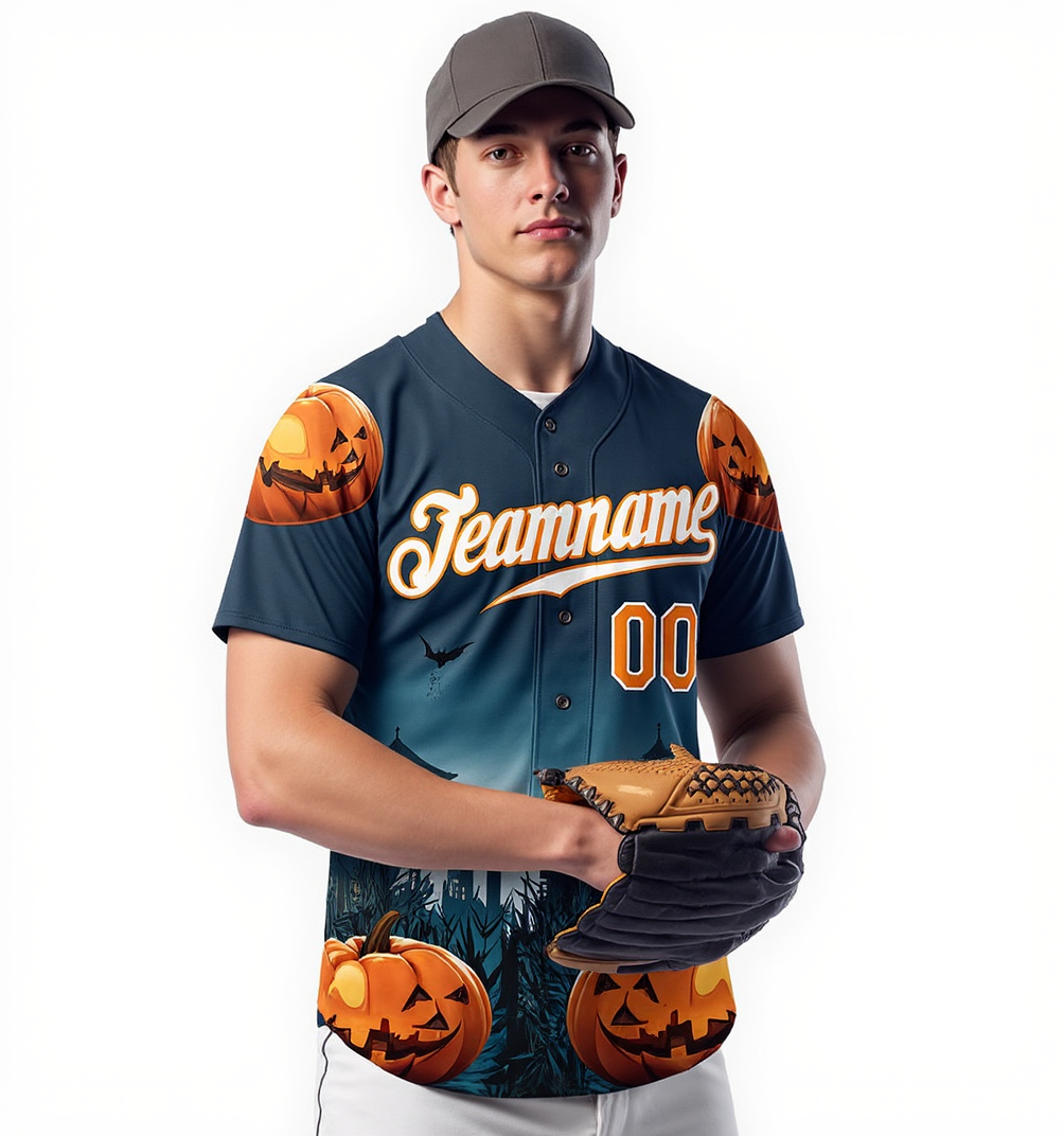Custom Navy & White/Orange 3D Pattern Halloween Pumpkins Bats Baseball Jersey
